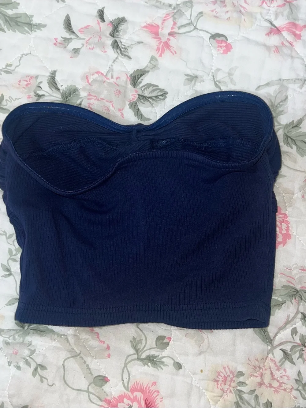 SHEIN Navy Strapless Twist-Front Ribbed Crop Top